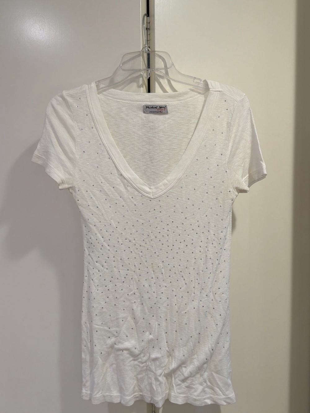 Michael Stars White V-Neck Short Sleeve Tee with Crystal Accents